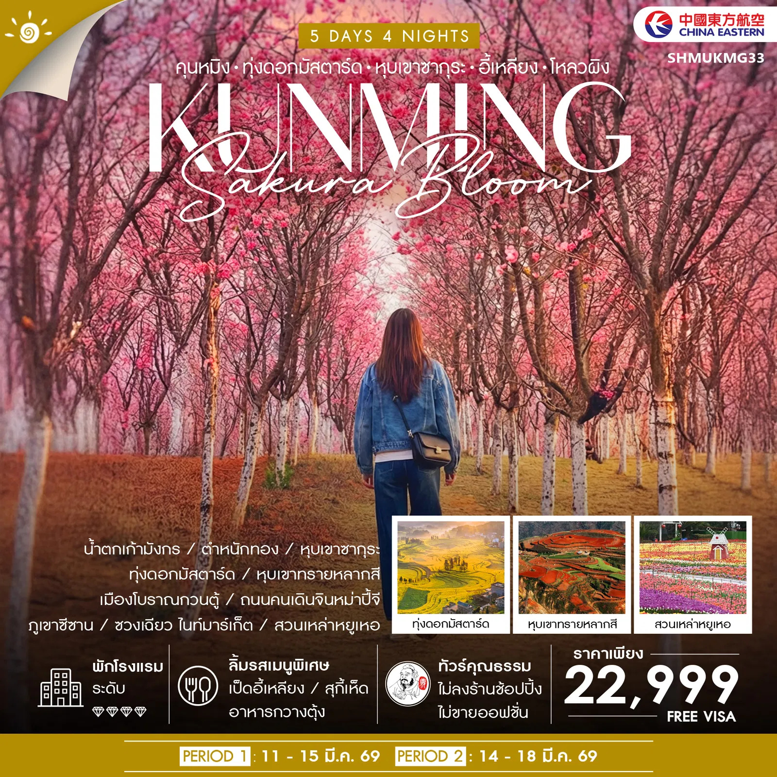 ทัวร์จีน คุณธรรม Sakura & Mustard Bloom คุนหมิง หุบเขาซากุระ ทุ่งดอกมัสตาร์ด 5วัน 4คืน (MU)